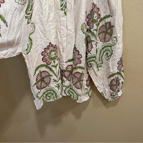 Emerson Fry India Collection Cream Floral Button Front Long Sleeve Blouse Top M - Picture 10 of 13